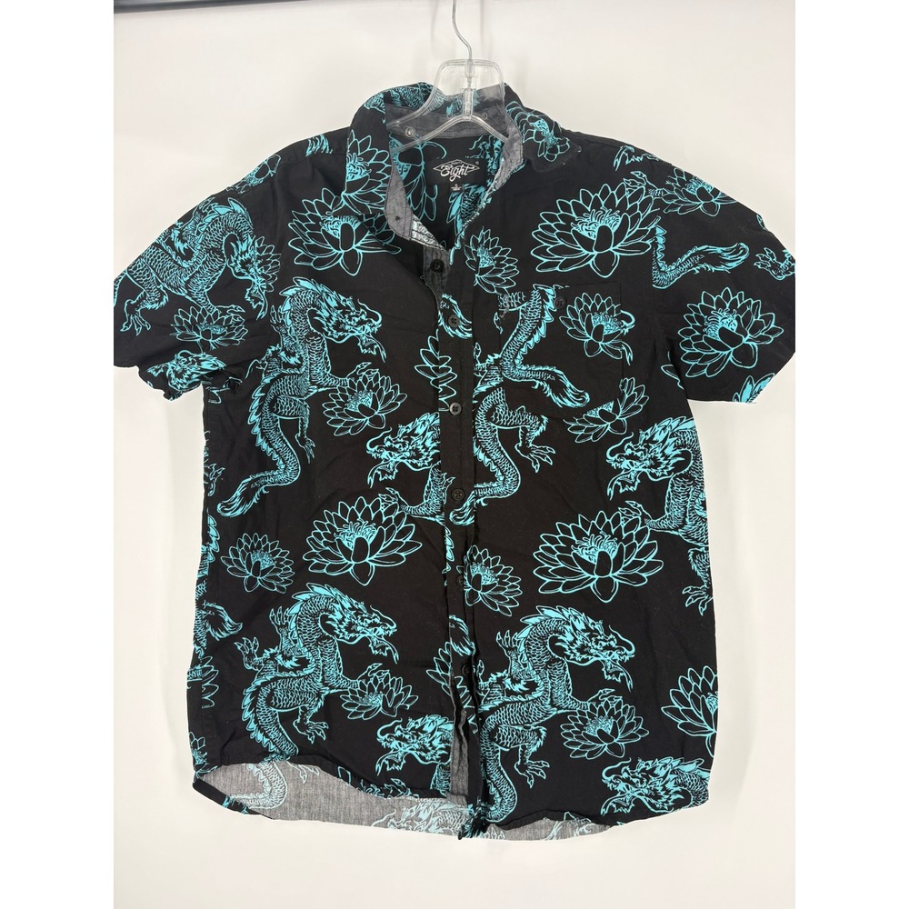 Eighty Eight Mens Black Dragon Lotus Print Short Sleeve Button Up Shirt Size S